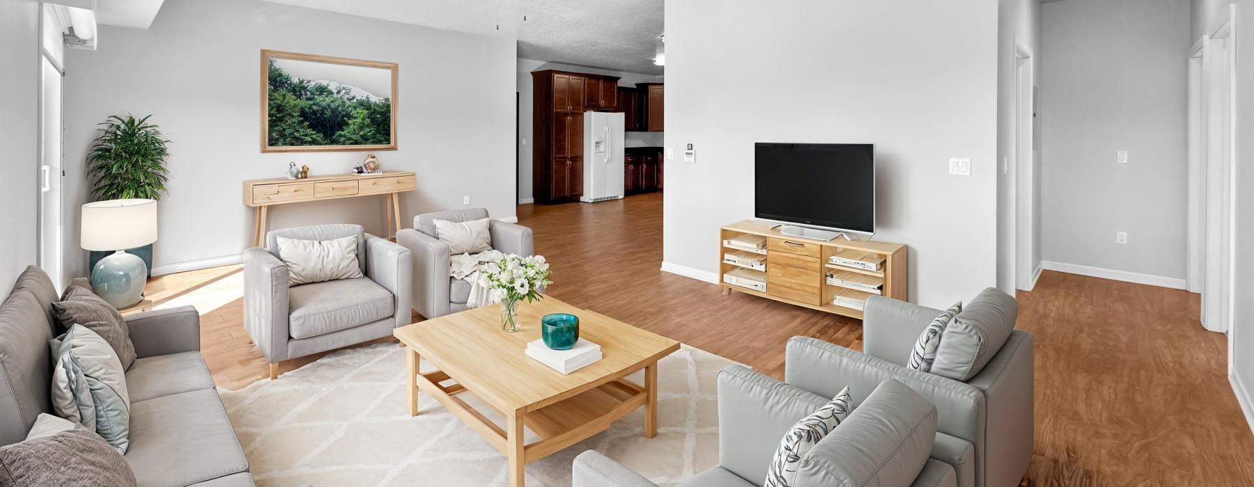 a living room with a tv and couches