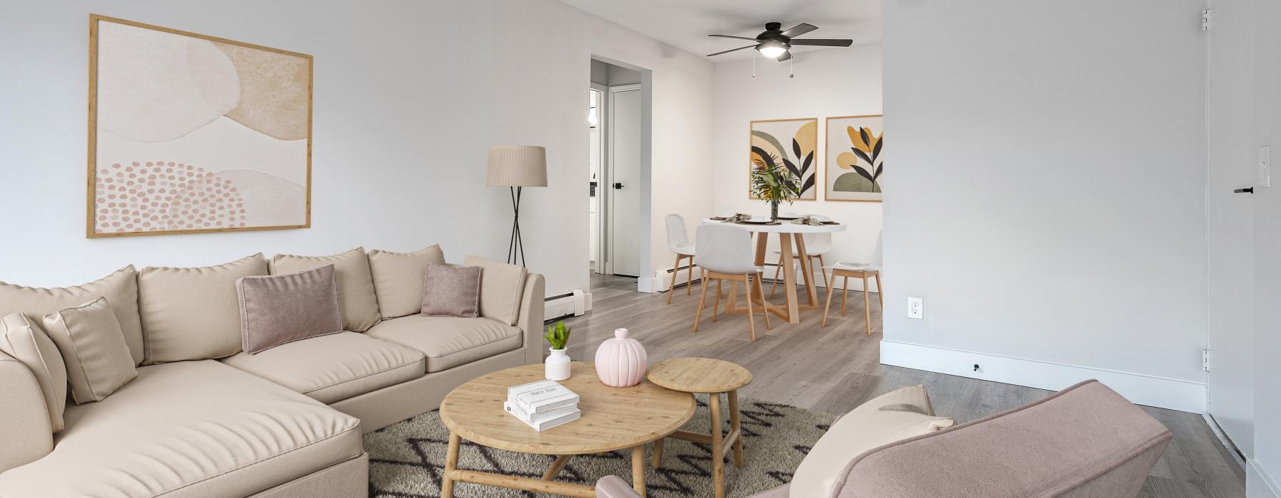a living room with a couch and a coffee table