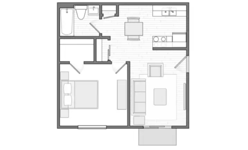 The Stowe - 1 bedroom floorplan layout with 1 bathroom and 537 square feet
