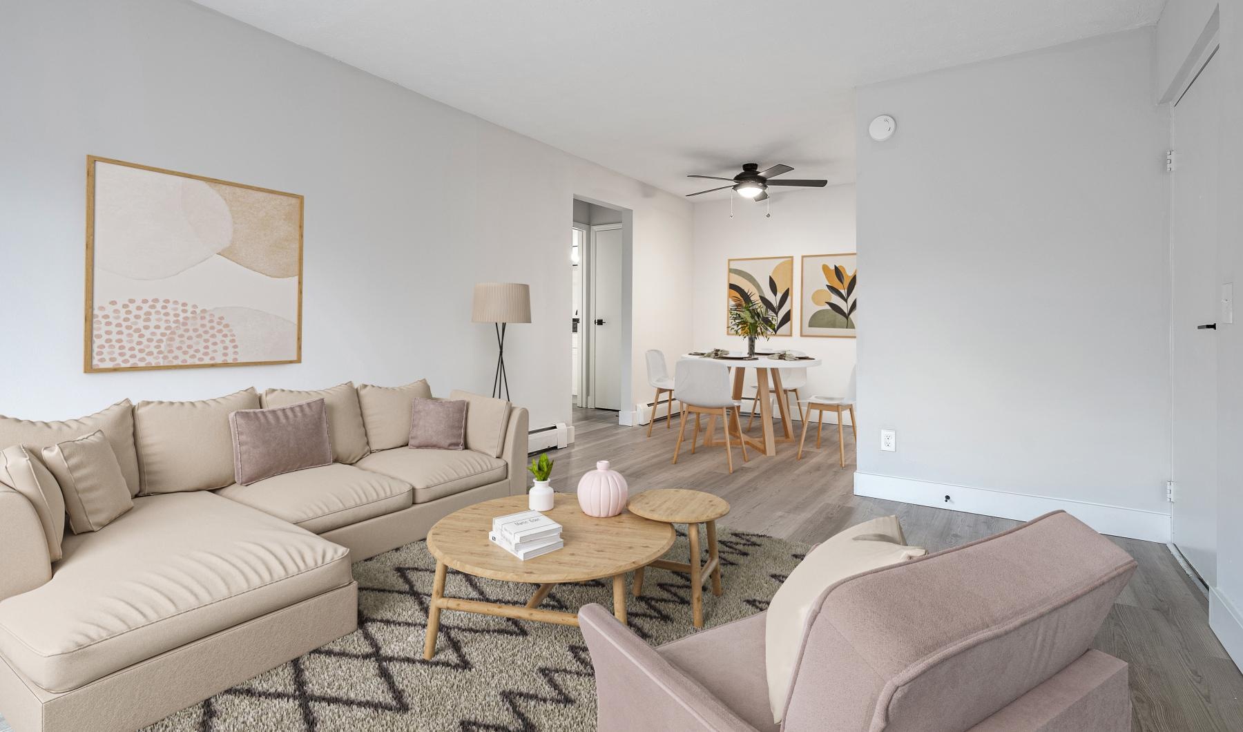 a living room with a couch and a coffee table